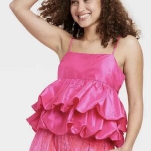 A New Day Balloon Top Size Small Pink Tiered Spaghetti Straps BarbieCore NWT